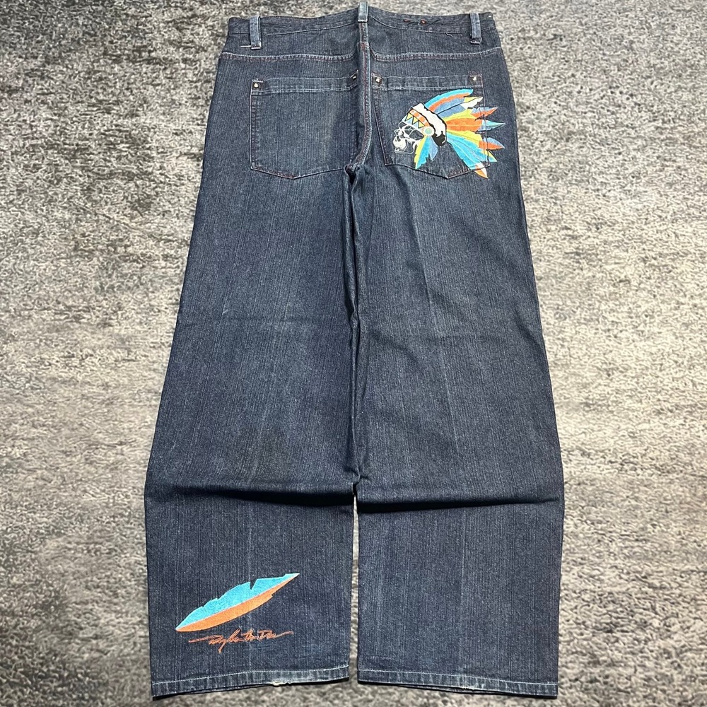 Vintage Ruff Ryders Jeans Embroidered 38x32 Blue Tribal Skull Baggy Wide Leg Y2K